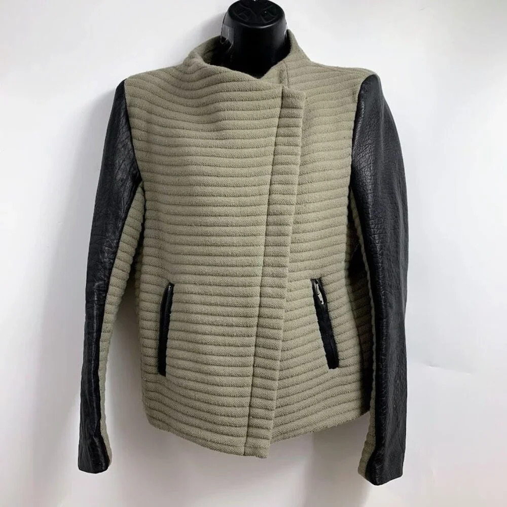 Iro Women's Mullen Combo Rib Knit Leather Sleeve Moto Jacket Size 42/XL